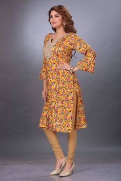 Hand Embroidery Bell Sleeves Kurti - www.riafashions.com