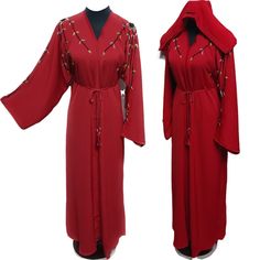 Latest Design Women Open Front Red Abaya Farasha Jalabiya . Brand new. As a result, comes in original plastic wrap with Hijab included. Beautiful material with a premium feel. Exclusive new design Abaya.   Press studs buttons  Comes with a scarf  and belt  Bead Embroidery  Fabric: zoom  Latest new design!  Suitable for easy iron.   Do not tumble dry.  Dry clean  Gentle Hand wash  Suitable for easy iron. Do not tumble try. Suitable for dry-cleaning.   Abayas are known by many names. However, they serve the same purpose: to cover. Other models are usually kaftans, cut from light, flowing fabrics like crepe, georgette, and chiffon. Other known styles are open or closed front. Styles differ from region. Some have embroidery, while others are brightly coloured and have different artwork.  If yo Red Floor-length Dabka Kaftan, Festive Red Abaya With Dabka Detailing, Festive Red Abaya With Dabka, Red Long Thobe For Eid, Red Floor-length Abaya With Dabka Embroidery, Red Floor-length Abaya With Dabka Detail, Red Floor-length Abaya With Dabka, Red Dabka Abaya For Eid, Red Kaftan For Eid