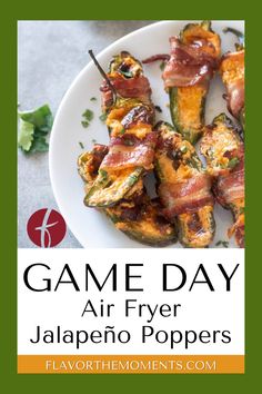 the cover of game day air fryer jalapeno poppers on a white plate