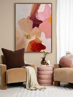 a living room with two chairs and a painting on the wall