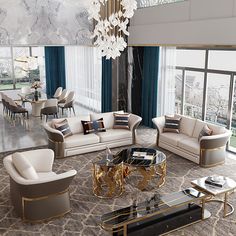 a living room filled with furniture and a chandelier