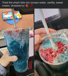 two pictures of someone holding a drink with strawberries in it and ice cream on the bottom