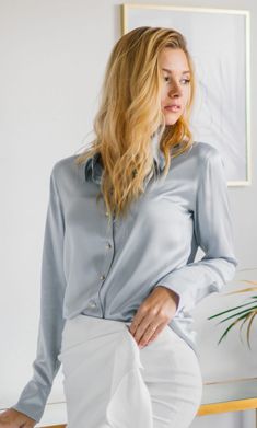 Milano Silk Blouse - 100% Silk Button-Up Shirt | Ravella Luxury Silkwear Shiny Blouse, Glamorous Gowns, Classic Chic Style, Silk Blouses, Outfit Ideas For Women, Jumpsuit Chic, Gorgeous Blouses, Everyday Elegance, Blonde Model