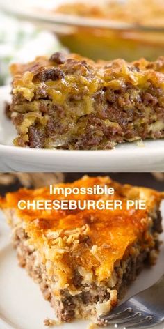 two plates with different types of cheeseburger pies on them, one has a bite taken out of it