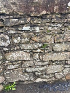 an old stone wall with moss growing on it