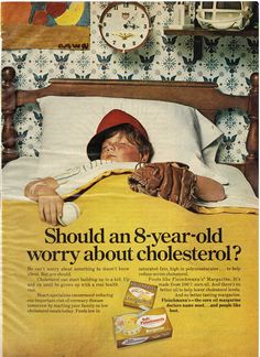 an old advertisement for cholesetol with a boy in the bed wearing a baseball cap and mitt