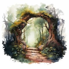 an artistic painting of a path leading into a forest with trees and rocks on either side