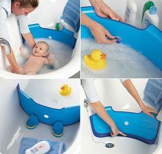 the baby is playing in the bathtub with his mother and rubber ducky toys