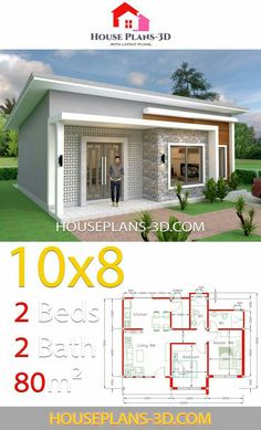 two story house plan with 3 bedroom and 2 bathroom in the front, one living room on