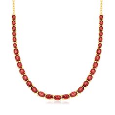 Ross-Simons - 12.00ct t. w. Garnet Graduated Necklace in Gold Over Sterling. 18". This fabulous necklace features a line of 12.00 ct. t. w. oval garnets at the bottom of an 18kt yellow gold over sterling silver cable chain. Graduates from 1/8" to 3/16" wide. Features a 2" extender. Lobster clasp, garnet graduated necklace. Garnet birthstones are the perfect gift for January birthdays. Classic Oval Pendant Necklace For Formal Occasions, Formal Oval Pendant Necklace With Faceted Details, Classic Oval Necklace For Formal Occasions, Classic Oval Necklaces For Formal Occasions, Classic Oval Necklace For Formal Events, Classic Oval Link Gemstone Jewelry, Formal Oval Necklace With 17 Jewels, Elegant Oval Faceted Necklaces, Formal Oval Necklaces With 17 Jewels