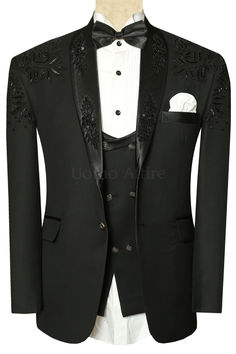 This luxurious black designer tuxedo suit is perfect for any special occasion, from weddings and galas to red carpet events. Made with premium Italian wool and hand-embellished with intricate details, this suit will make you look and feel your best. Black Designer Tuxedo, Shirt And Waistcoat, Tuxedo Tie, Tuxedo Suit For Men, Designer Tuxedo, Indian Groom Dress, Black Outfit Men, Double Breasted Waistcoat, Wedding Tuxedo