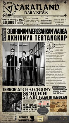 an old newspaper advertisement with two men in suits behind bars and the caption'3 bubonan meraskan waag akhria terang saktra / te tangkapa '