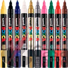 six different colored markers are lined up next to each other on a white background with the words love written in it