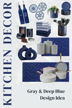 Gray and Deep Blue Kitchen Decor Design Idea Blue Kitchen Decor Ideas, Navy Blue And White Kitchen, Deep Blue Kitchen, Collage Apartment