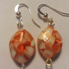 Mosaic Looking Orange & White Oval Earrings With Silver Hardware. White Dangle Teardrop Earrings, Nickel-free White Dangle Teardrop Earrings, White Nickel-free Dangle Teardrop Earrings, Adjustable Nickel-free White Teardrop Earrings, White Dangle Earrings With Lever Back, Beachy Earrings, Skeleton Earrings, Witch Earrings, Elephant Earrings