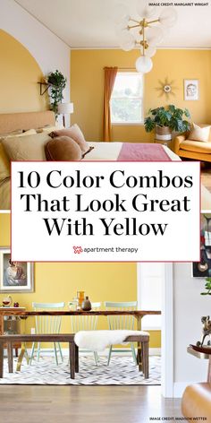 the interior of a bedroom with yellow walls and wood floors is featured in this article