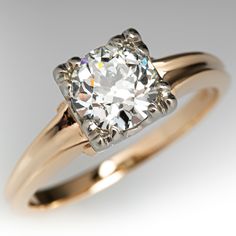 This captivating circa 1940s solitaire ring contains one (1) old European cut diamond weighing 1.10 carats and set into a four-split prong setting. The ring measures 7.3mm at the top, rises 6.4mm above the finger, tapering to 1.9mm wide and 1.5mm thick at the base of the shank. This ring is currently a size 6 3/4. 1940s Diamond Ring, Old European Cut Diamond Ring, Vintage Engagement Rings Round Diamond, Vintage Inspired Gold Engagement Rings, Jewelry Markings, 1950s Engagement Ring, 1940s Engagement Ring, Ring Redesign, Vintage Solitaire Engagement Ring