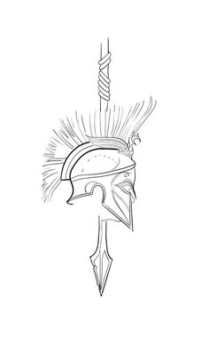 a drawing of a helmet with spikes on the head and an arrow sticking out of it