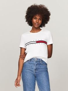 Embroidered Flag Stripe Logo T-Shirt Tommy Hilfiger Women, Logo T Shirt, Tshirt Logo, Pure Cotton, Sweater Top, Tommy Hilfiger, Flag, Top Outfits, T Shirts For Women