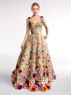 Colorful Sun Flowers Prom Gown Corset Bodice A Line Prom Dress ARD2632-SheerGirl 2025 Style, Flower Girl Outfit, Era Tour, Dress Applique, Sweep Train Prom Dress, A Line Prom Dress, Floral Prom Dresses, Sun Flowers, Floral Wedding Dress