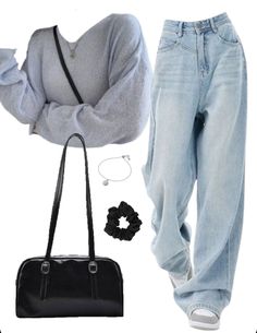 OOTD: Oversized Knitted Tee + oyfriend Jeans + Pu Leather Shoulder Bag Knitted Tee, Shoulder Bag Outfit, Solid Color Outfits, Oversized Jeans, Casual Preppy Outfits, Outfit Inspo Casual, Trendy Outfits For Teens, Easy Trendy Outfits