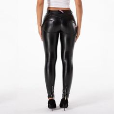 Trendy High Waist Leather Pants With Zipper, Black High Waist Leggings With Zipper, High Waist Black Leggings With Zipper, High Waist Black Leggings With Zipper Closure, Black Club Pants With Zipper Closure, High Waist Black Polyurethane Leather Pants, Black High-waisted Polyurethane Leather Pants, Black Zipper Closure Pants For Club, Black Pants With Zipper Closure For Club