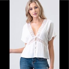 Super Cute Light And Air Summer Blouse Feminine V-neck Lace Top For Day Out, Summer V-neck Lace Top For Day Out, Feminine Lace Top For Day Out, Summer Lace Top Blouse For Day Out, V-neck Lace Top For Spring Day Out, Elegant Lace Tops For Vacation, Lace V-neck Top For Brunch, Lace Top V-neck For Day Out, Brunch Lace Top With V-neck