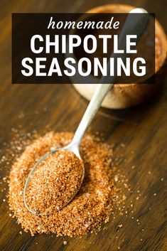 homemade chipotle seasoning in a bowl with a spoon on the side and text overlay that reads homemade chipotle seasoning