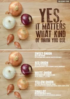 an onion chart with different types of onions on it and the words yes, it matters what kind of onion you use