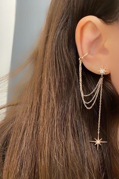 Cartilage Earrings Chain, Ear Pins Earrings, Ear Cuff Chain, Earring Cuff Chain, Star Earring, Ear Chain, Lobe Piercing, Gold Ear Cuff, Star Ring