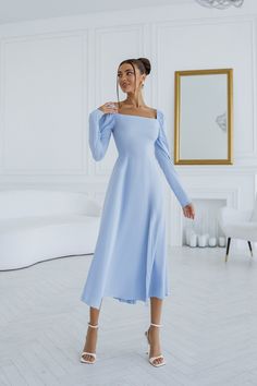 Fabric: Staple-Fibre Cotton 65%, Polyester 35% Square neckline Long sleeve Puff sleeve Thigh slit Shirred back Midi length Winter Wonderland Dress, Square Neckline Long Sleeve, Sky Blue Dress, Backless Midi Dress, Belted Midi Dress, Square Neck Dress, Puff Sleeve Dresses, Blue Square, Blue Midi Dress