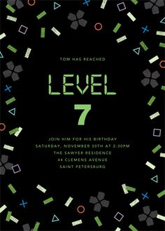 a black and green birthday party card with the number seven on it's front