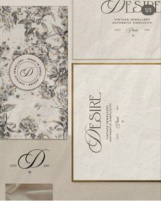 the front and back of an elegant wedding suite with floral print on it, along with two matching envelopes