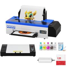 an image of a printer with ink and other items surrounding it on a white background