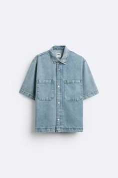 BOXY FIT DENIM SHIRT - Blue | ZARA United States Trendy Short Sleeve Denim Top With Pockets, Casual Washed Denim Short Sleeve Top, Blue Denim Shirt With Patch Pockets, Casual Washed Denim Top With Short Sleeves, Denim Tops With Patch Pockets In Washed Blue, Denim Blue Tops With Patch Pockets, Trendy Short Sleeve Blue Denim Top, Short Sleeve Denim Shirt For Streetwear, Denim Short Sleeve Shirt For Streetwear