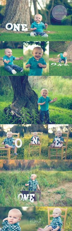 a baby boy sitting in a chair next to a tree with the words one on it