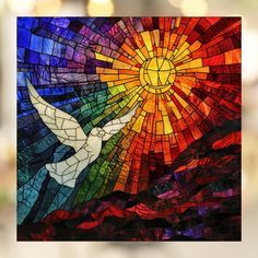 a stained glass window with a dove and the sun in it's center surrounded by multicolored tiles