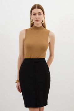 Compact Stretch Tailored Pencil Midi Skirt | Karen Millen Pencil Midi Skirt, Skirt Collection, Trending Sunglasses, Midi Skirt Pencil, Shop Mens Clothing, Guest Outfit, Karen Millen, Split Hem, Fashion Face