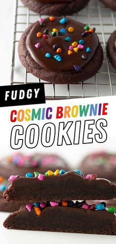 chocolate fudge cookies with colorful sprinkles are on a cooling rack