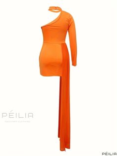 Peilia - One Shoulder Long Sleeve Bodycon Party Dress - Elegant Womens Fashion Orange Stretch Dress For Party, Orange One Shoulder Mini Dress For Party, Orange One-shoulder Mini Dress For Party, Orange Stretch Evening Dress, Fitted Orange Bodycon Party Dress, Fitted Orange Mini Dress For Evening, Fitted One Shoulder Orange Mini Dress, Orange Fitted One Shoulder Mini Dress, Orange Fitted One-shoulder Mini Dress