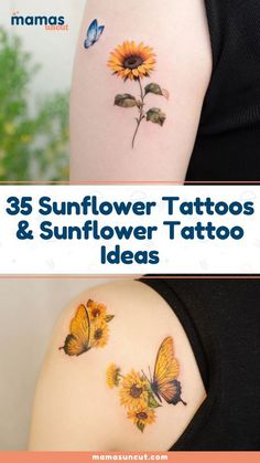 Sunflower Couple, Tattoo With Names, Sunflower Tattoo Ideas, Sunflower Tattoo Simple, Big Sunflower, Sunshine Tattoo, Tattoos For Women Half Sleeve, Tattoo Design Ideas