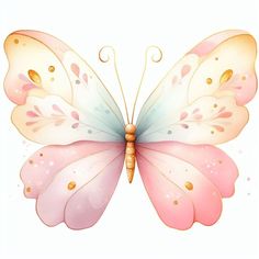 a pink and white butterfly with gold accents on it's wings, flying in the air