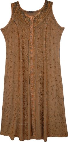 A beautiful rustic-looking long embroidered plus size rayon dress has a round neck and front enclosure buttons.  The embroidery pattern is all over on the front and the dress is sleeveless. #tlb #Sleeveless #Embroidered #vacationclothing #Fall #XLPlus #WesternDress #RenaissanceDress #embroidereddress #longdress #browndress Dress With Floral Embroidery, Plus Size Long Dresses, Dresses Western, Floral Embroidery Dress, Pattern Outfits, Brown Dresses, Dress Drape, Western Dress, Trendy Skirts