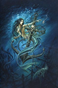 a painting of a mermaid and a skeleton in the water with an octopus on it's back