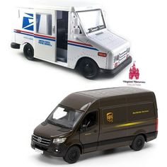 two toy vans side by side on a white background and one with the door open