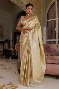 Gold saree with zari hand woven motifs. Comes with unstitched blouse piece. - Aza Fashions Gold Saree, Zari Saree, Buy Gold, Blouse Piece, Aza Fashion, Jaipur, Hand Woven, Custom Made, Hand Weaving