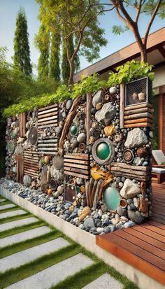 a wall made out of rocks and stones with plants growing on the top, sitting in front of a wooden deck