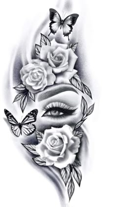 a tattoo design with roses and butterflies on the side of her face, which is drawn in