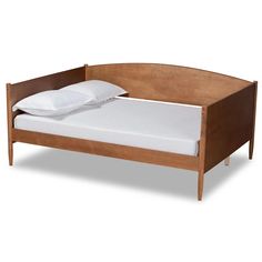 a wooden bed frame with white sheets and pillows on top of it in front of a white background