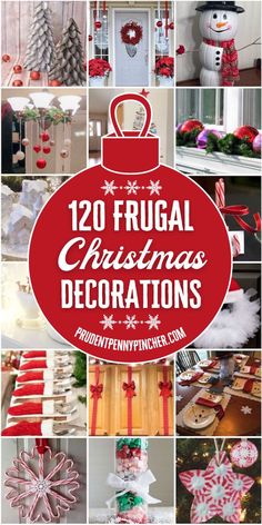 christmas decorations with the words,'12 frugal christmas decorations'in red and white